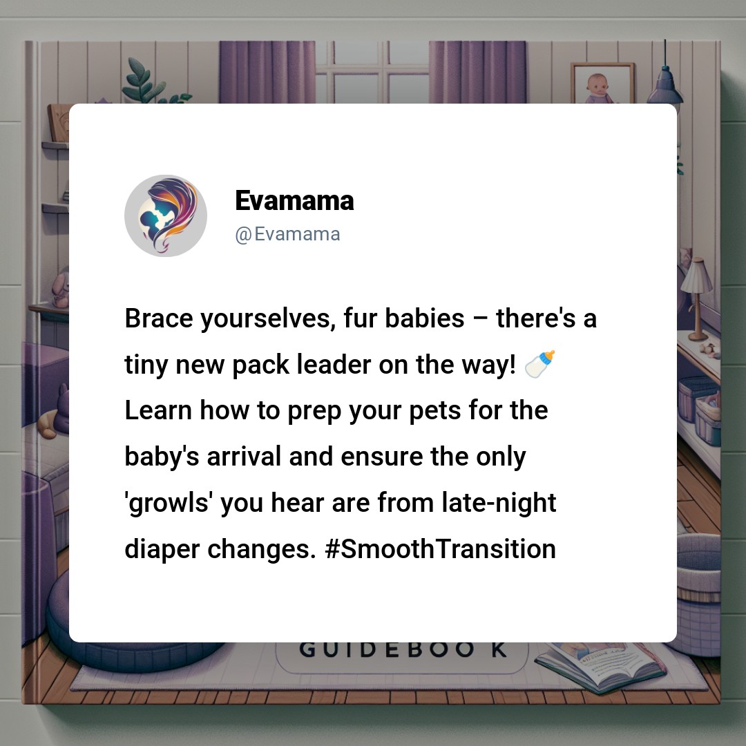 The image shows a social media post from "Evamama" with text celebrating a new pack leader for fur babies and a tiny new human family member, hinting at a baby's arrival and nighttime diaper changes, accompanied by hashtags. The background features a baby's nursery with a crib and decorative elements.