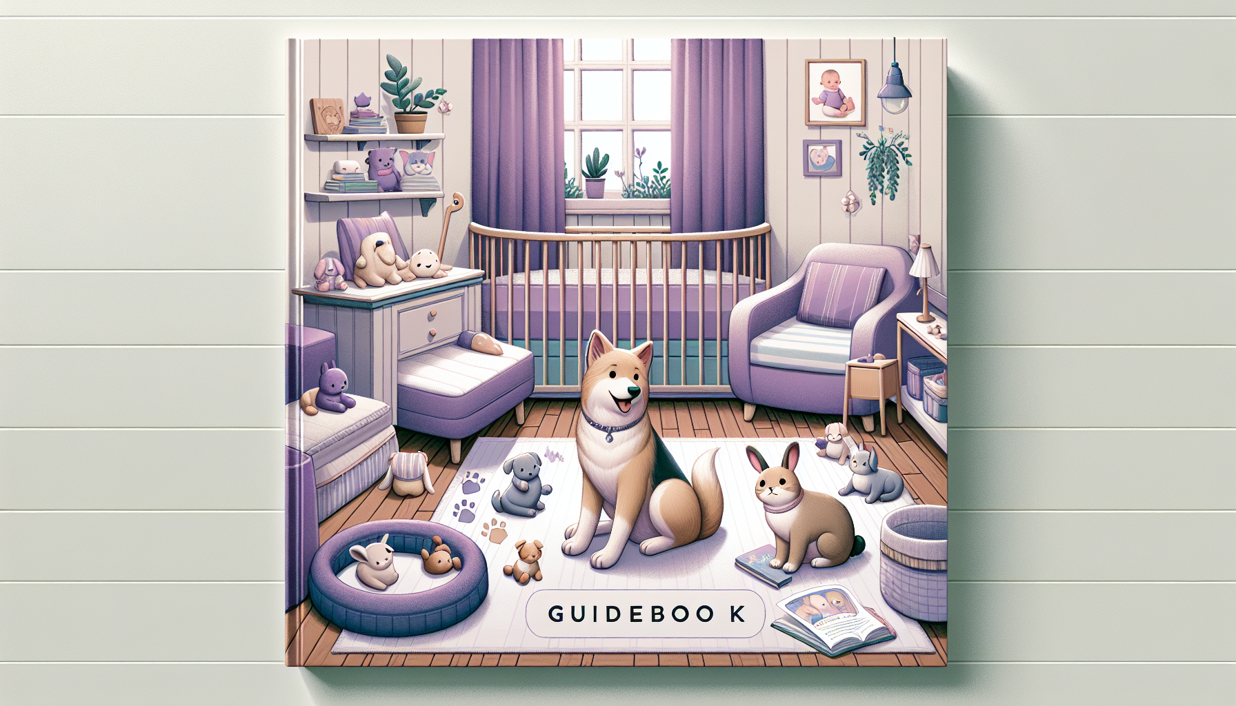 Illustration of a cozy room with a smiling Shiba Inu dog, puppies, toys, and a guidebook on the floor, all in a soothing purple and cream color scheme.