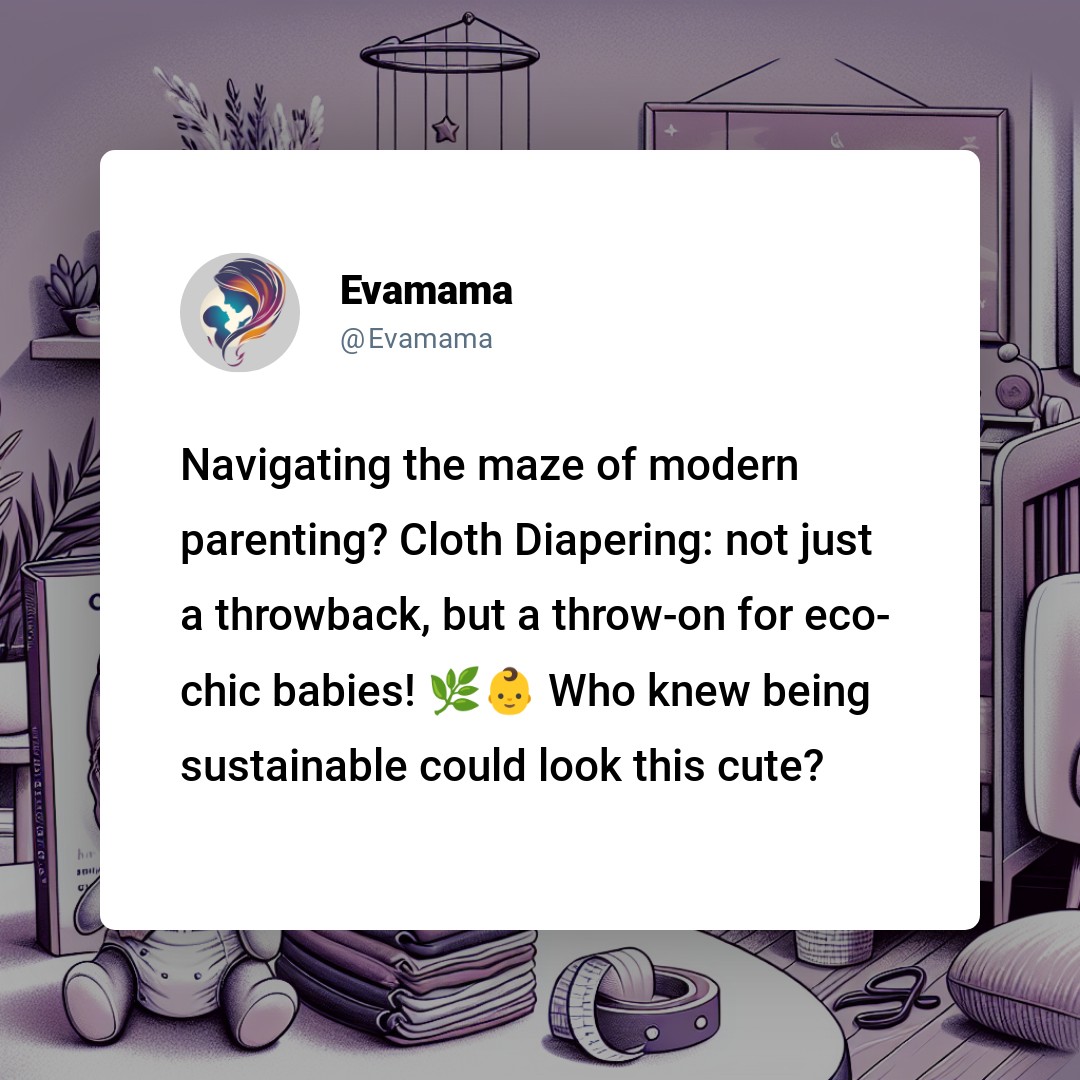 An illustrated image of a social media post by "Evamama" about modern parenting and the eco-friendly choice of cloth diapering, with the caption expressing surprise at the stylishness of sustainable baby care.