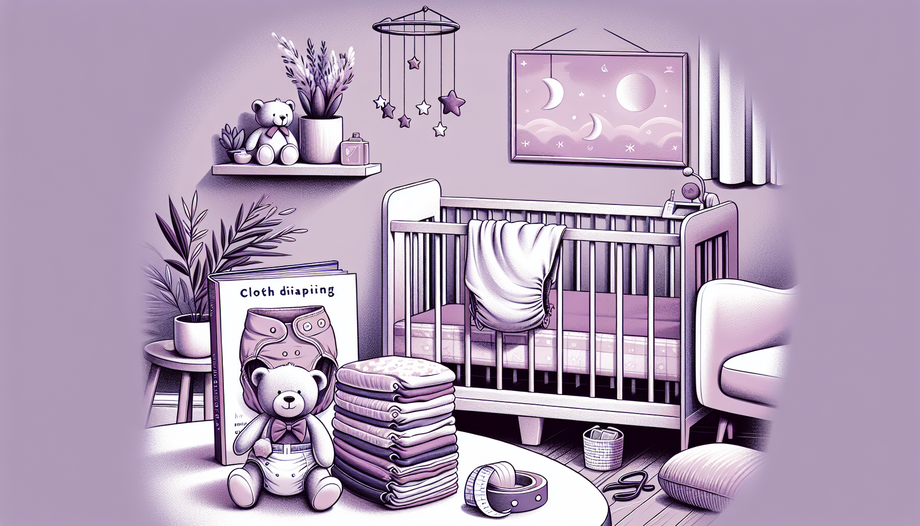 A monochrome illustration of a baby's room with a crib, a shelf with toys, a stack of cloth diapers, and a cozy armchair.