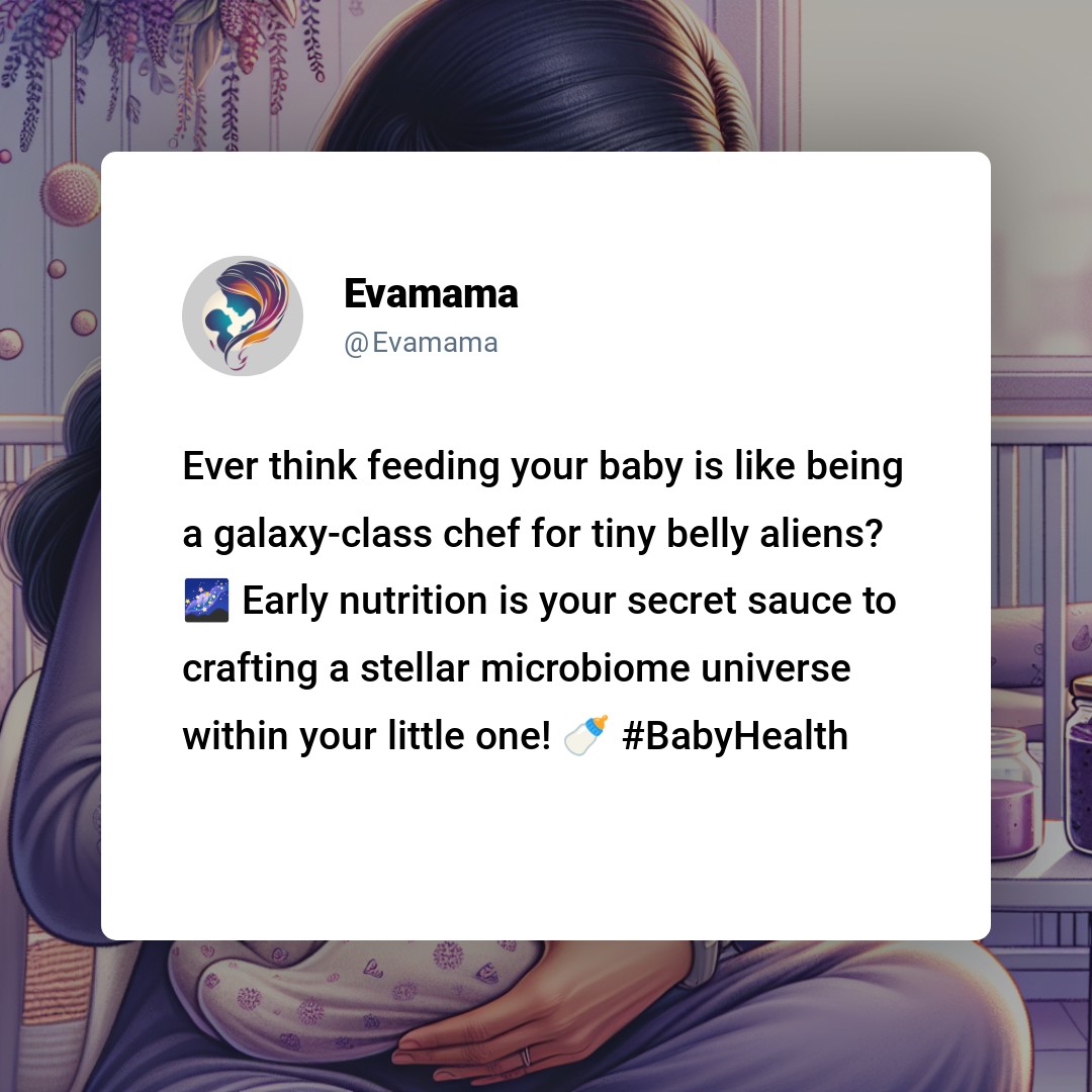 Social media post from "Evamama" comparing feeding a baby to being a galaxy-class chef for tiny belly aliens, emphasizing the importance of early nutrition for a baby's microbiome health, accompanied by hashtags #BabyHealth. The post includes an illustration of a woman holding a baby with cosmic elements integrated into the image.