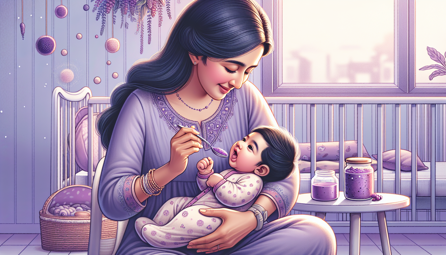 An illustrated image of a smiling mother feeding her baby in a purple-themed nursery room.