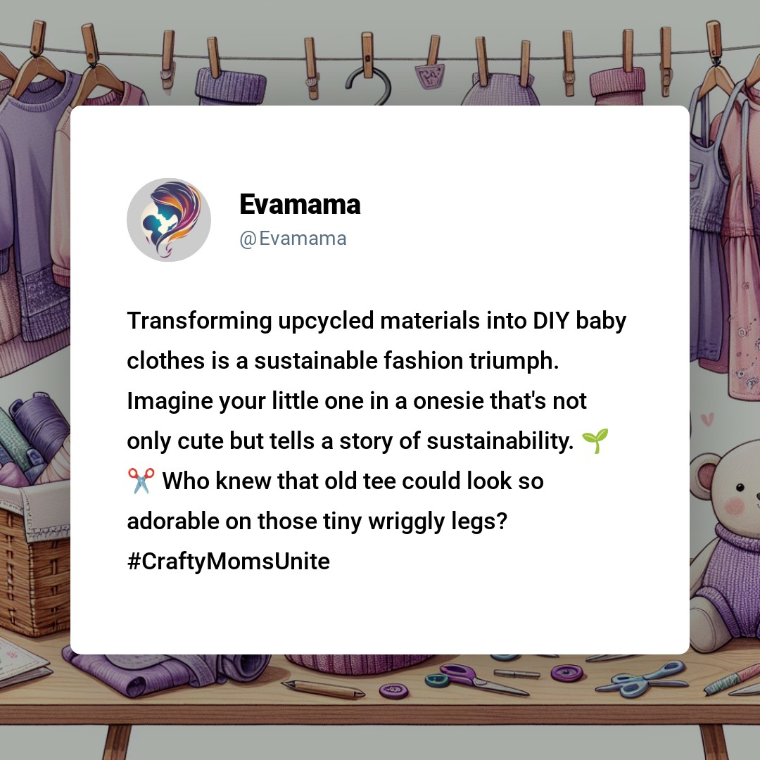 The image is a social media post by "Evamama," discussing transforming upcycled materials into DIY baby clothes as a sustainable fashion choice. The post includes a whimsical tone, praising the cute and sustainable aspect of the clothes on babies' legs, with hashtags like #CraftyMomsUnite. The background shows a clothes rack with various baby clothes hanging on it.