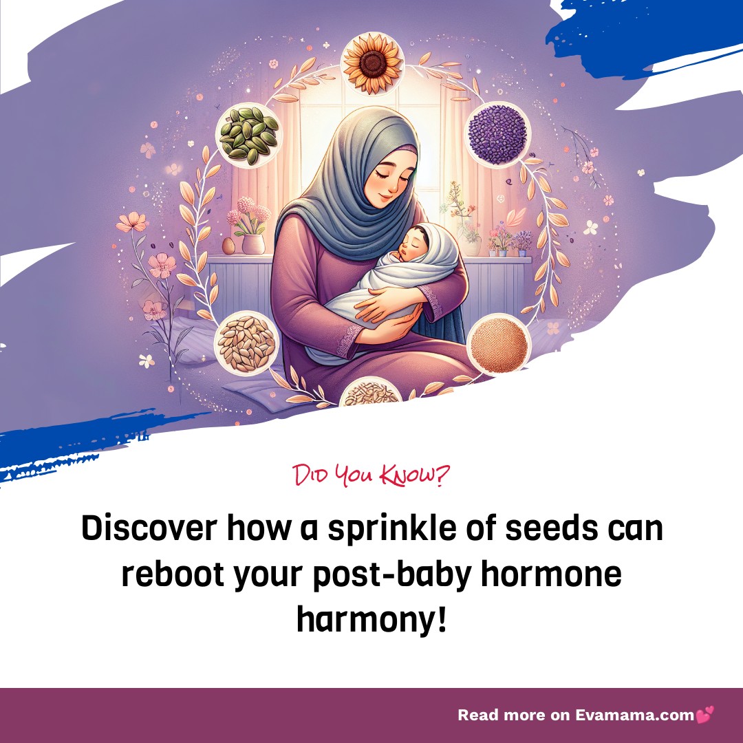 Illustration of a mother lovingly cradling her baby, surrounded by plants and seeds, with text about discovering the benefits of seeds for post-baby hormone balance.