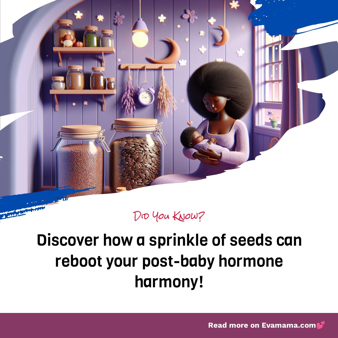 Illustration of a woman sitting and holding a baby, surrounded by jars and hanging plants, with a text overlay about discovering the benefits of seeds for post-baby hormone harmony.