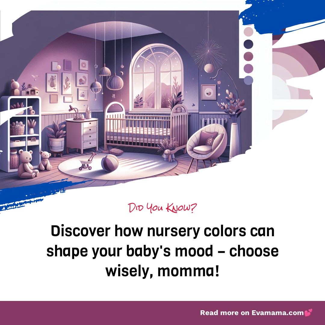 Illustration of a cozy nursery room in purple hues with toys, a crib, and a comfortable chair, accompanied by a caption about the impact of nursery colors on a baby's mood.