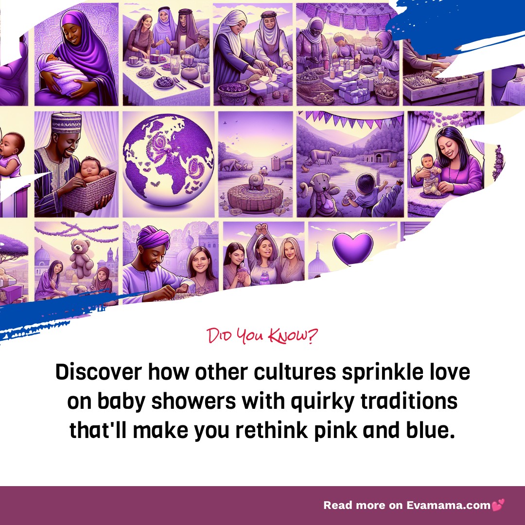 Illustration collage showing various cultural baby shower traditions with families and expectant mothers, featuring a global map and a purple color theme, accompanied by text inviting readers to learn about unique baby shower customs.