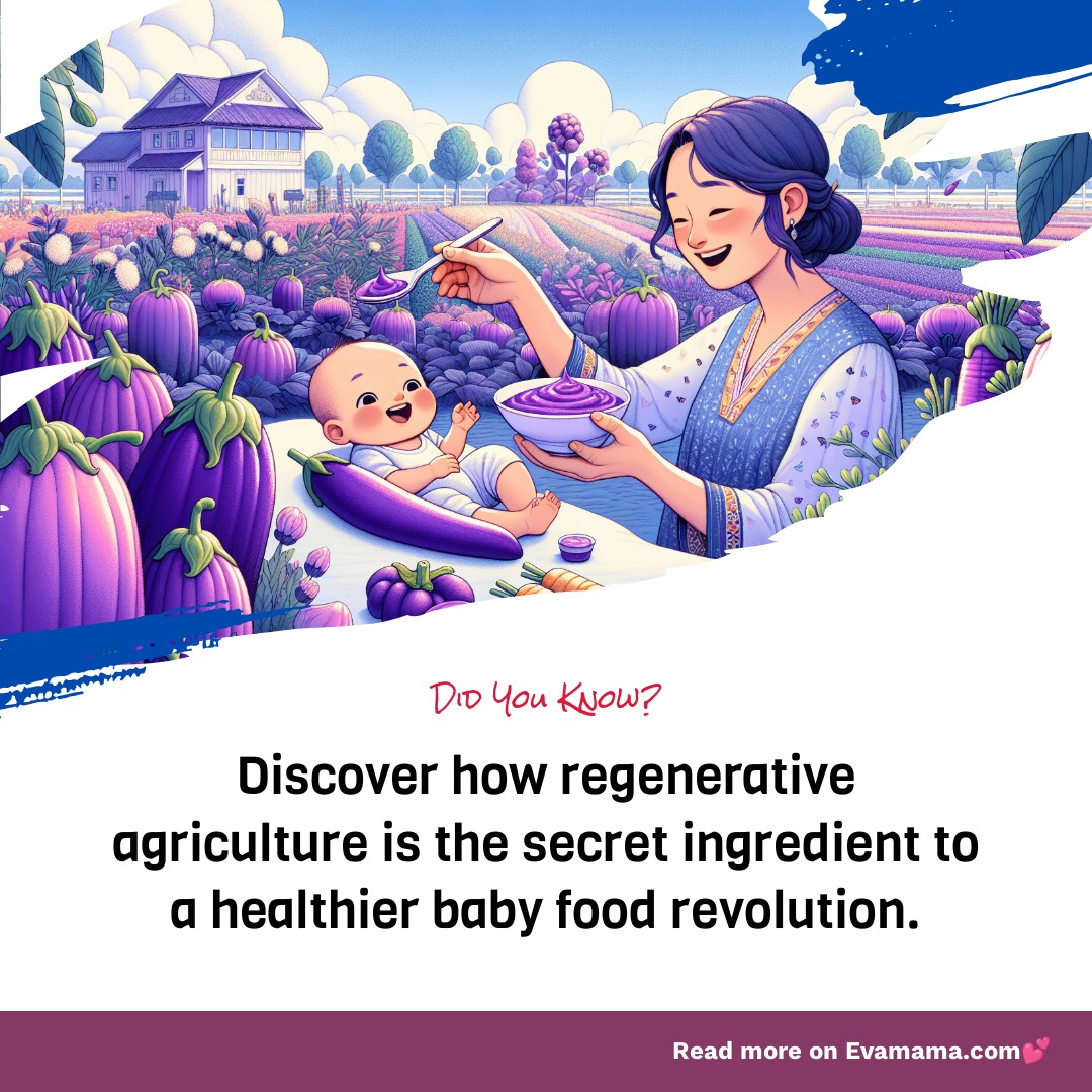 Illustration of a smiling woman feeding a baby with a spoon against a backdrop of a purple vegetable farm and a farmhouse, with text about regenerative agriculture and baby food.