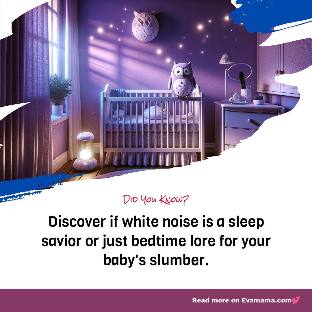 "Baby's nursery at night with a crib, owl toy, and disco ball light, featuring text about white noise for sleep."