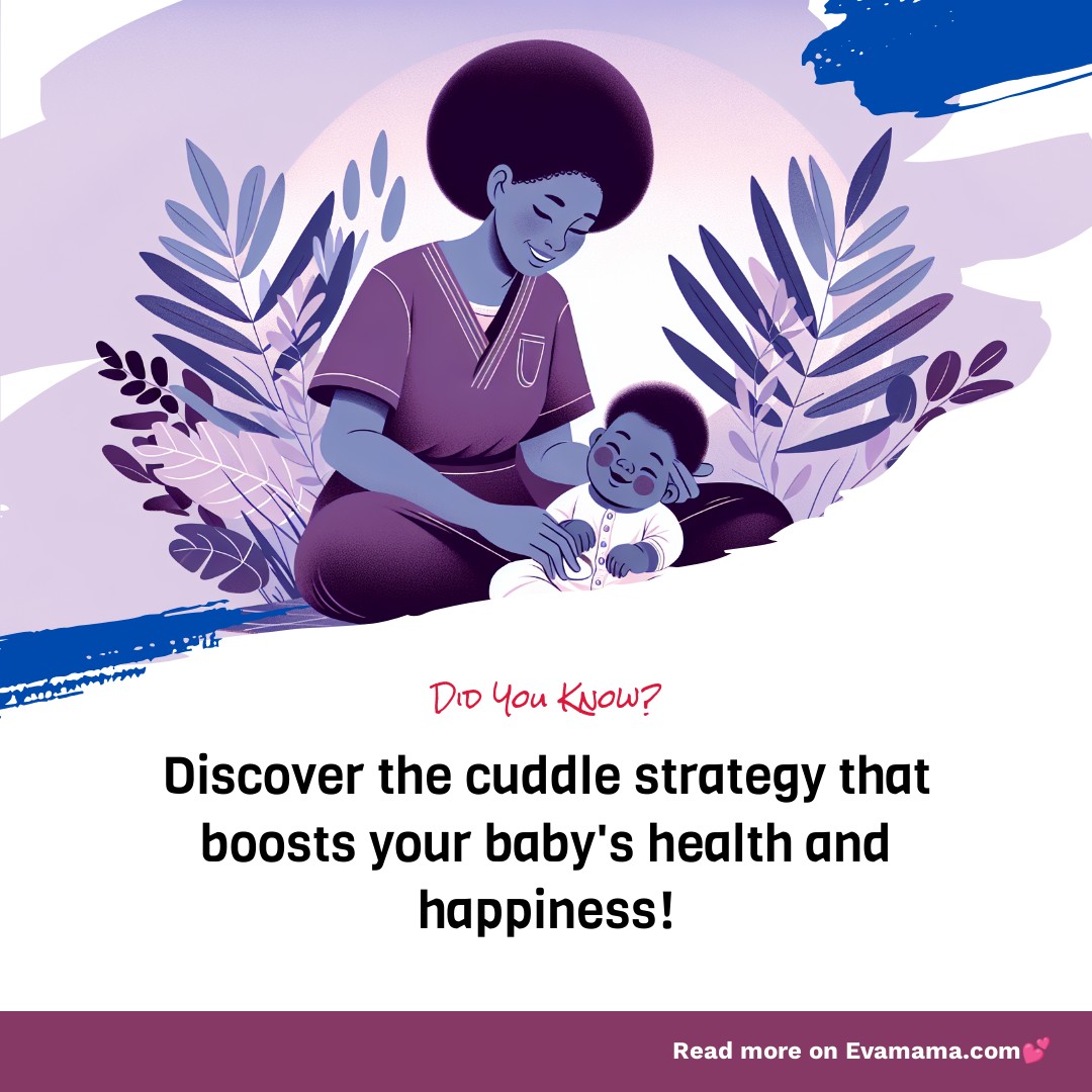 Illustration of a mother cuddling her baby with text promoting a baby health strategy on Evmama.com.