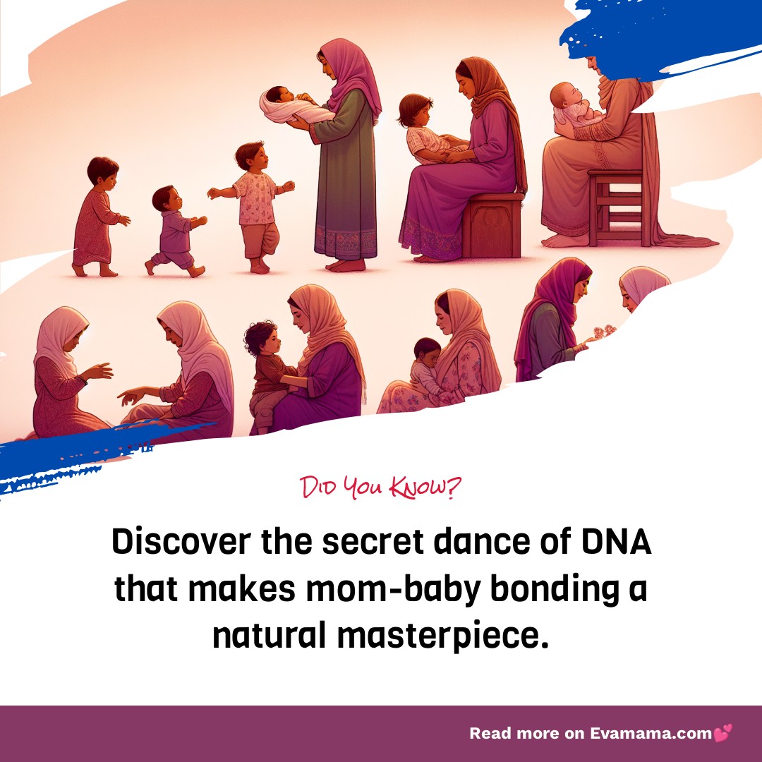 Illustration of multiple moments between a mother and her child, showing bonding activities like feeding, playing, and cuddling, with text about the natural bonding process through DNA.