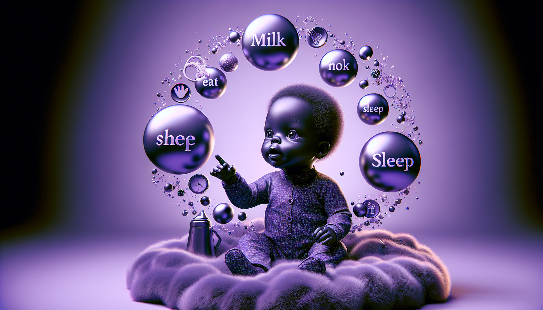 Illustration of a baby surrounded by bubbles with words like "milk," "eat," "sleep," and "shep" against a purple background.