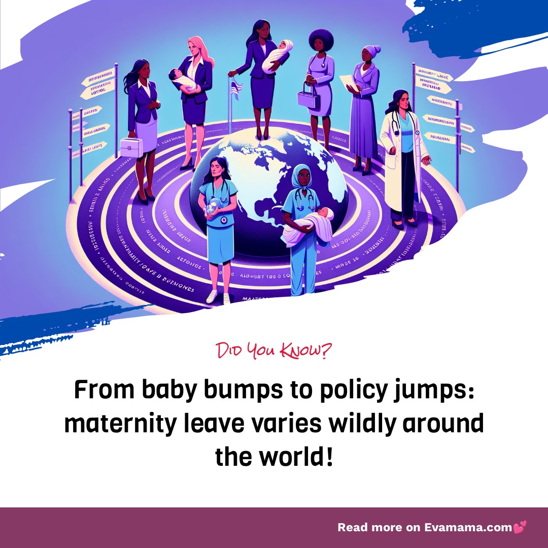 Illustration of diverse women in professional attire standing on a stylized globe, with text about maternity leave policies around the world.