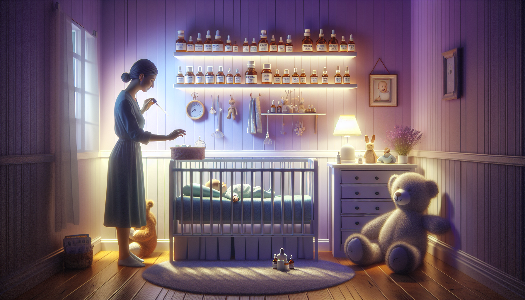 A serene nursery room at dusk with a woman by a crib, a large teddy bear beside a dresser, and a shelf with bottles on the wall.