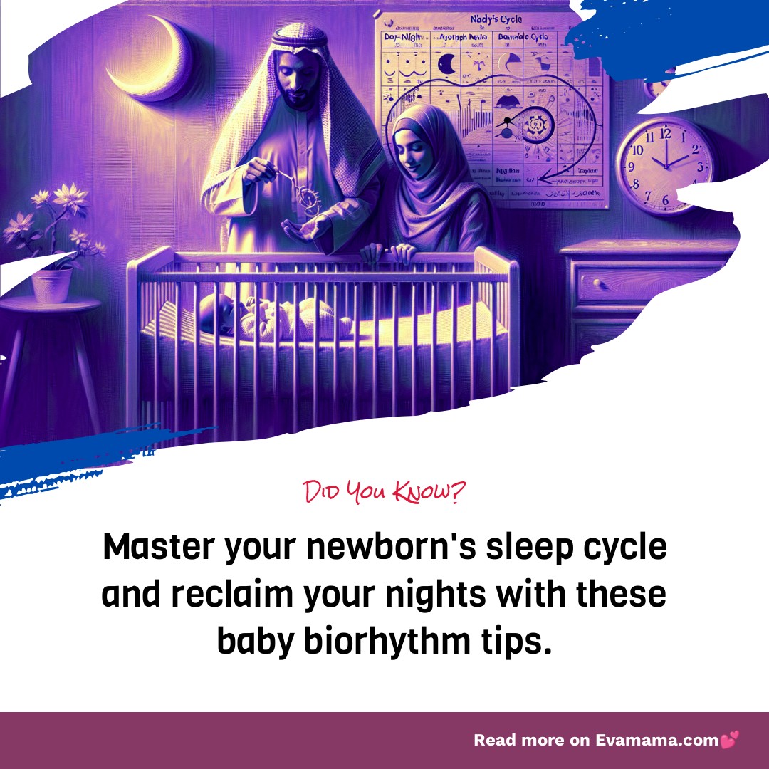 The image shows an illustration of the Virgin Mary and Joseph with baby Jesus in a crib, accompanied by text that says "Master your newborn's sleep cycle and reclaim your nights with these baby biorhythm tips." There's a website mentioned for more information.