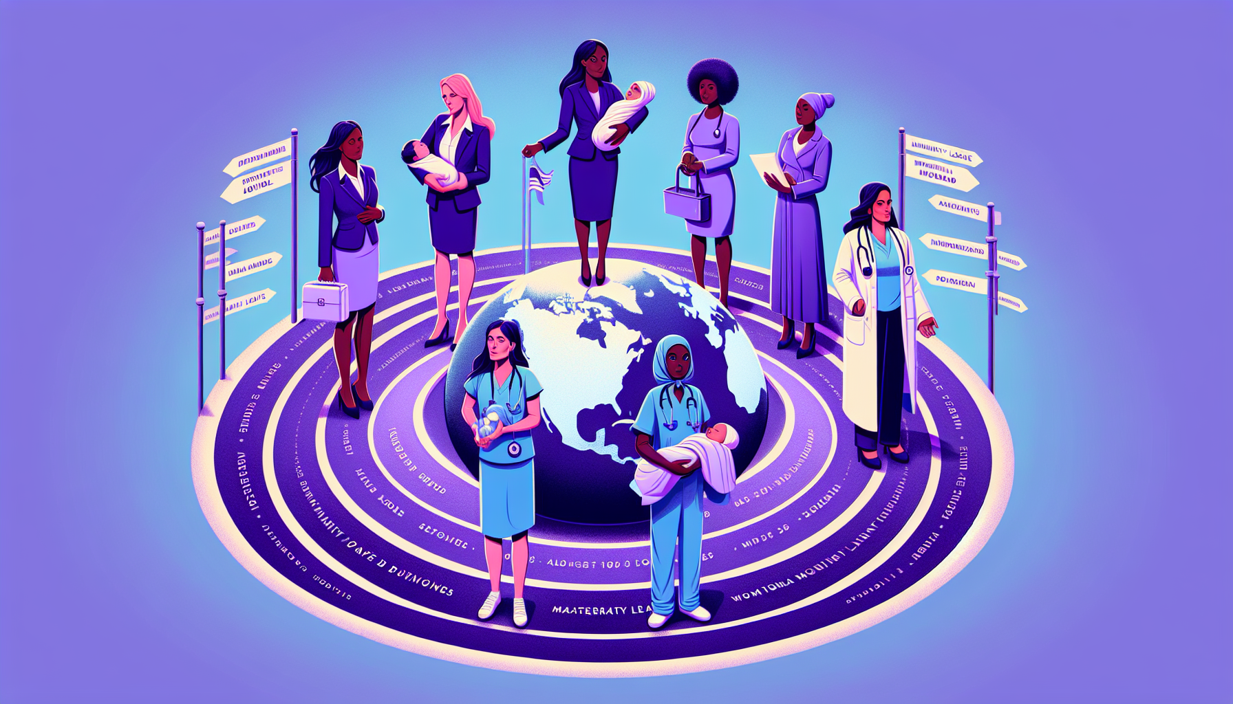 Illustration of diverse women professionals standing around a globe, representing various careers such as healthcare, science, and education, with concentric circles and text elements indicating global female empowerment and leadership.