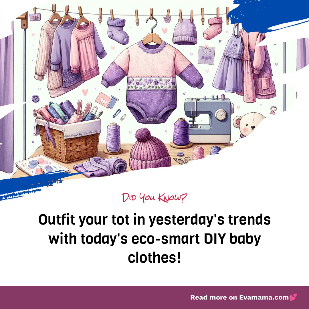 Illustration of a DIY baby clothes sewing station with various garments, a sewing machine, and a "Did You Know?" tip about eco-smart baby clothes.