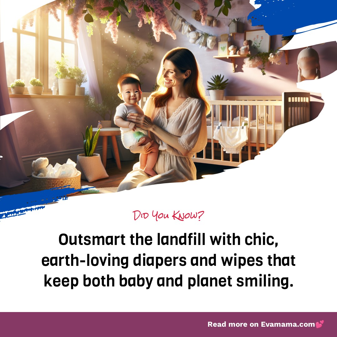 A mother holding a baby with a joyful expression in a cozy room with plants, toys, and a text overlay promoting eco-friendly diapers and wipes.