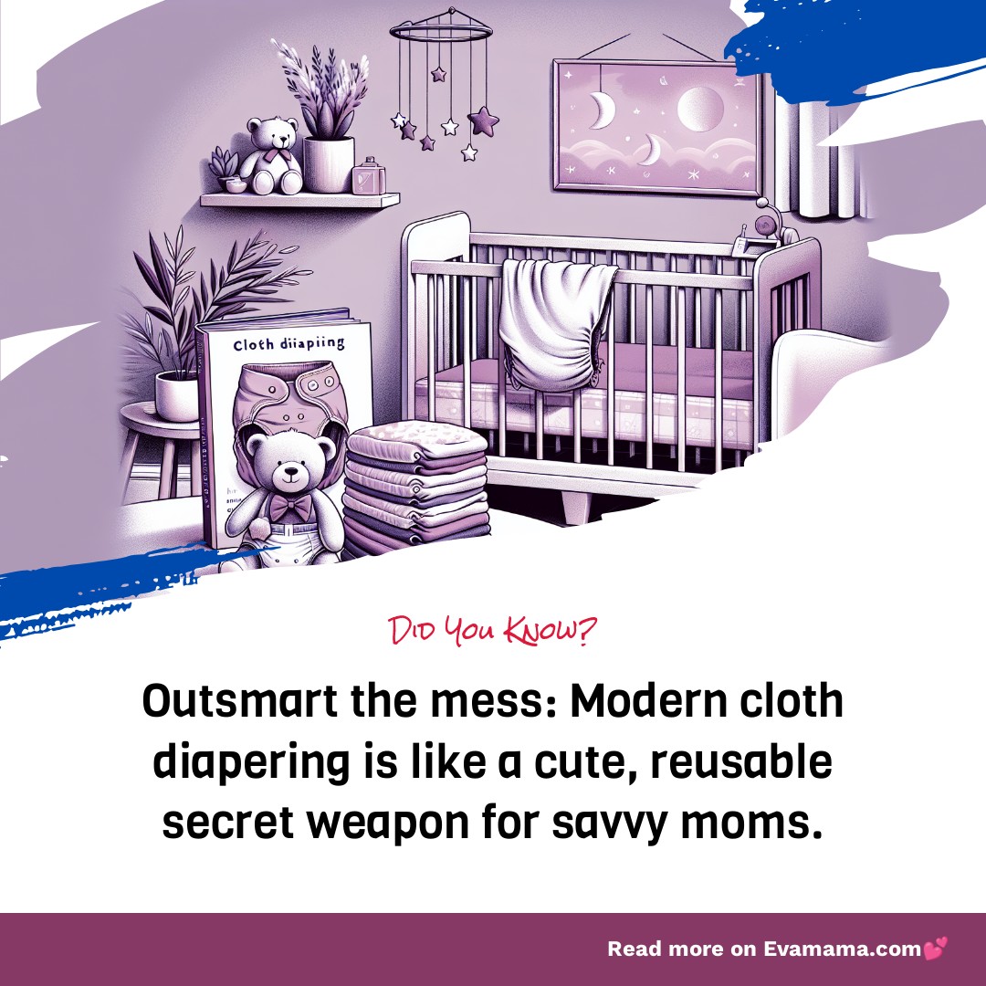 Illustration of a nursery with a crib, stuffed toys, and cloth diapers, featuring text about the benefits of modern cloth diapering for mothers.