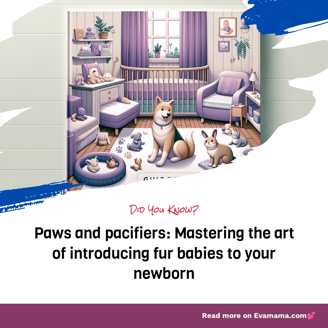 An illustration of a nursery room with a Shiba Inu dog and several puppies, with text suggesting tips for introducing pets to a new baby.