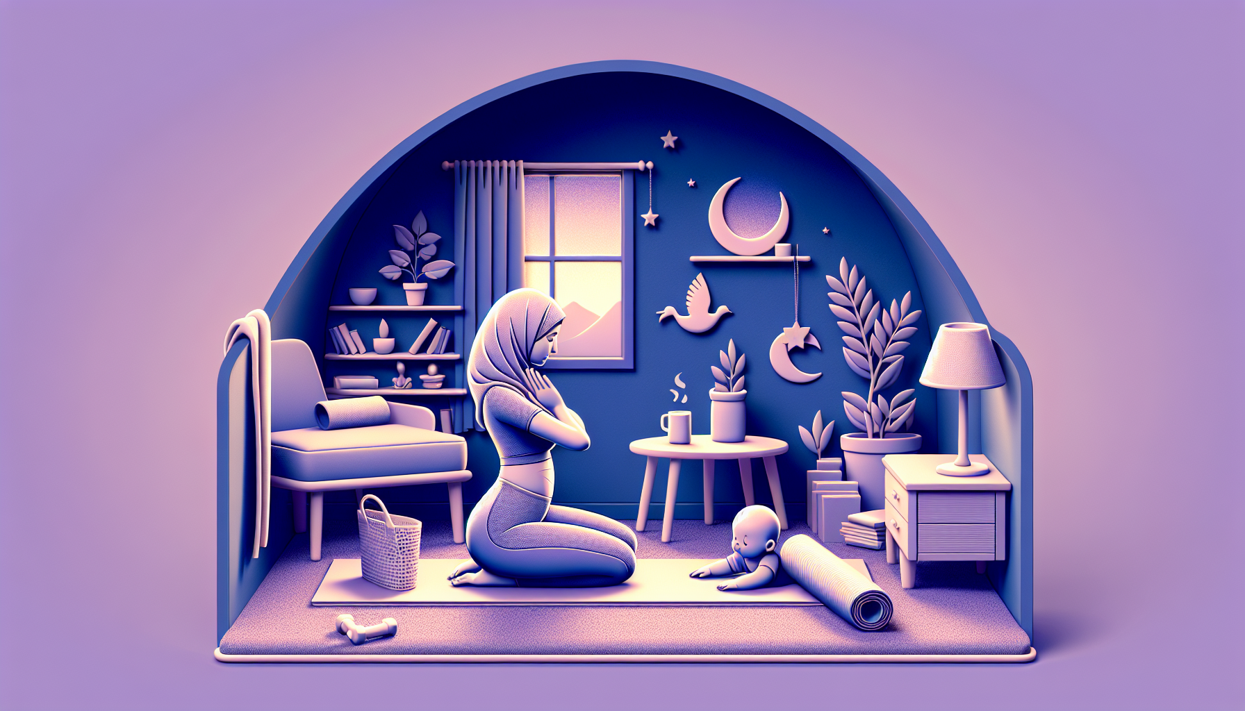 Illustration of a woman in a hijab sitting in a cozy room, surrounded by a bookshelf, plants, a window with a crescent moon, and a steaming cup of tea.