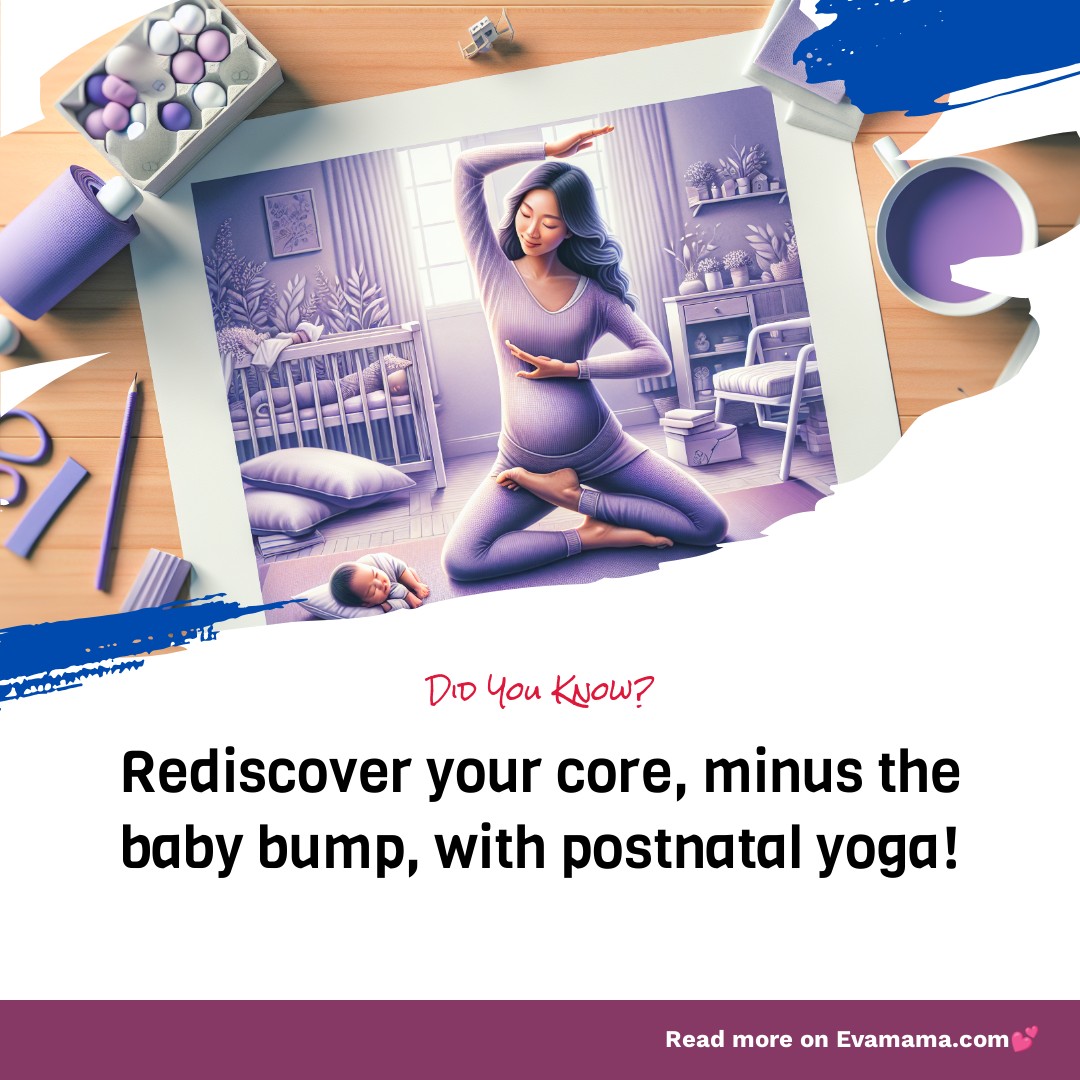 An illustration of a postnatal yoga session with a woman practicing yoga in a purple-themed room while a baby lies on a mat; promotional text encourages rediscovering the core without the baby bump.