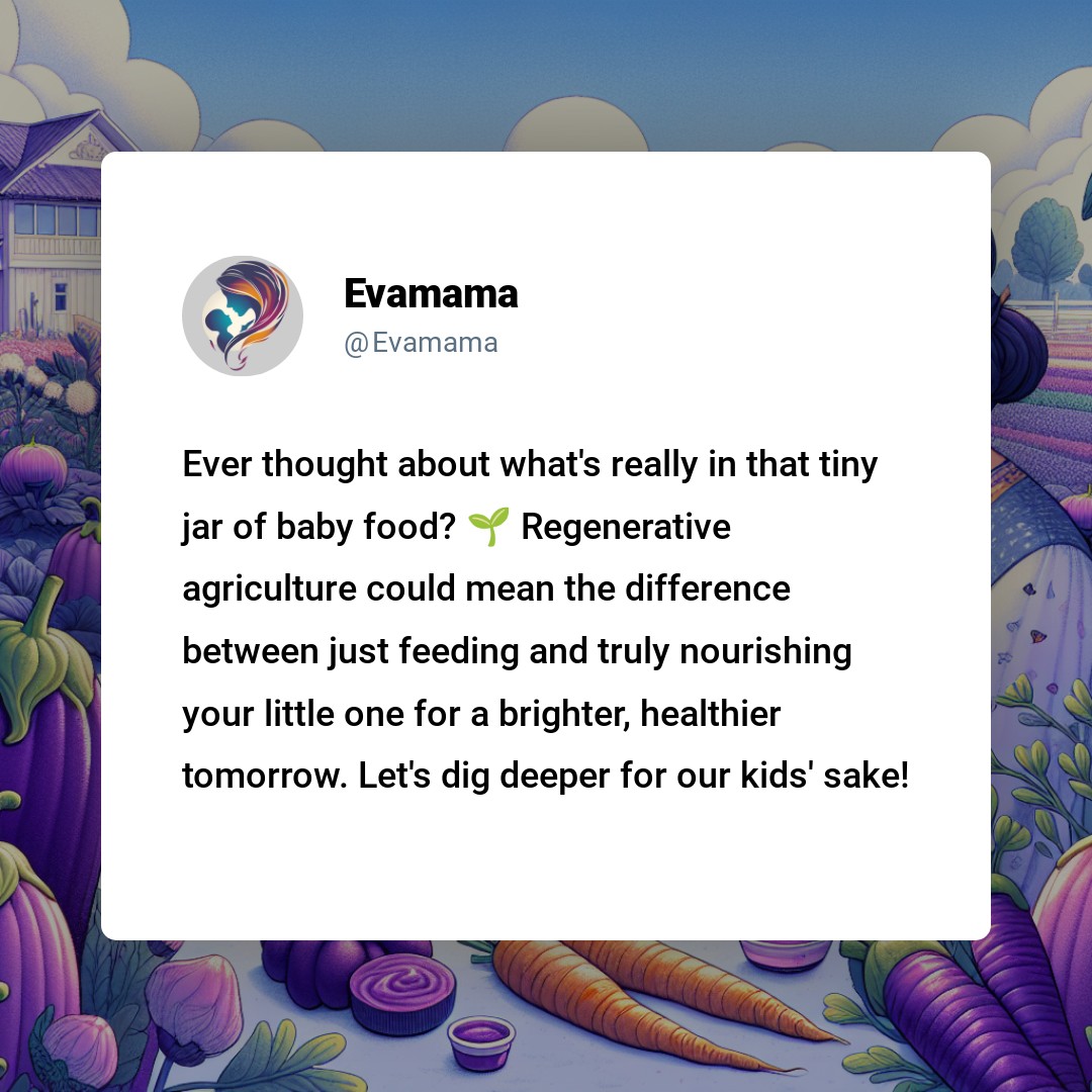 A social media post by Evamama discussing the importance of understanding the contents of baby food for a healthier future, with a backdrop of illustrated vegetables.