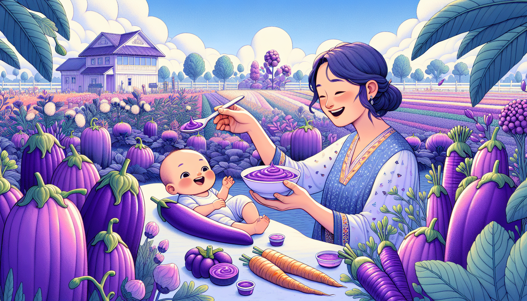 A colorful illustration of a smiling woman feeding a happy baby among a vibrant purple and green vegetable garden with a farmhouse in the background.