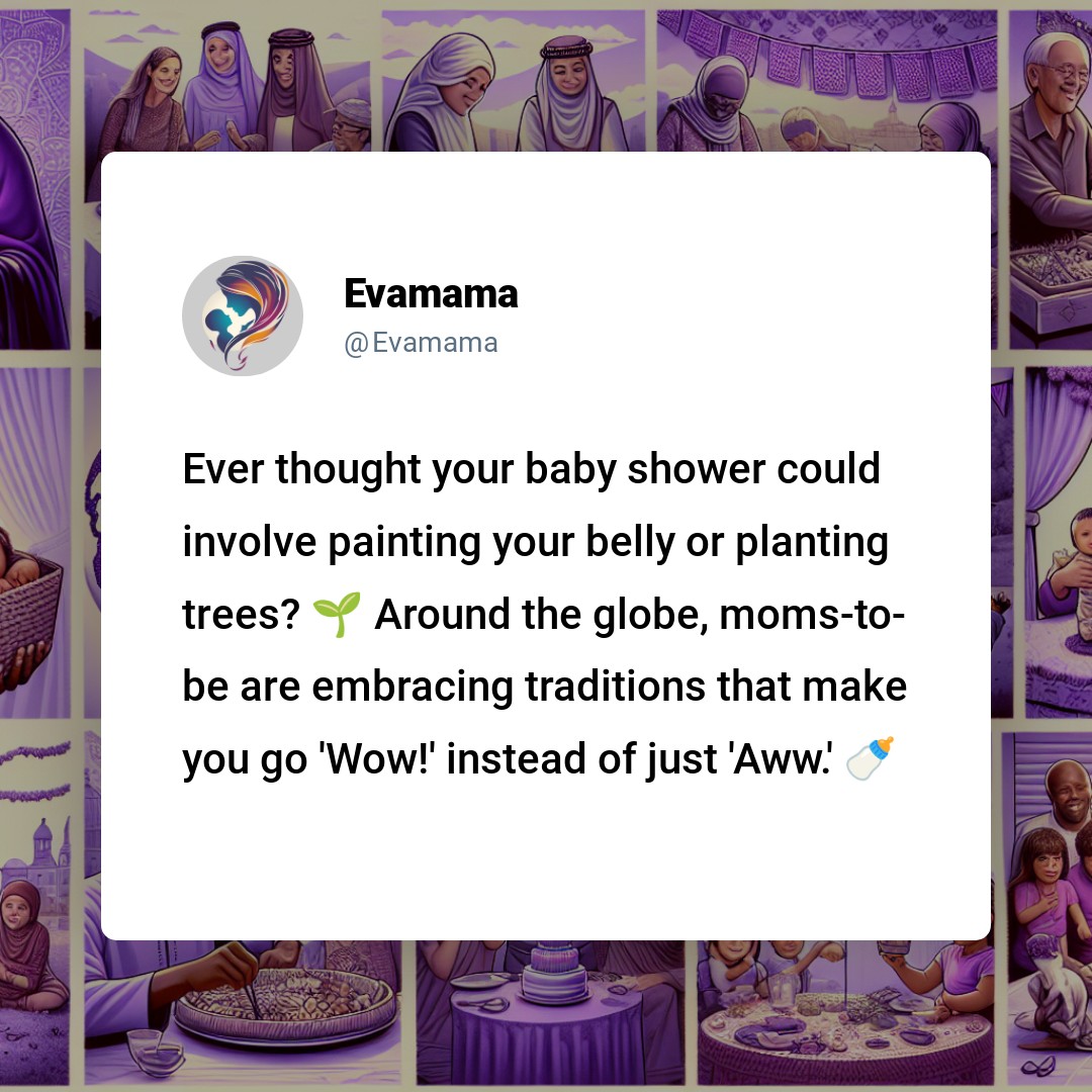 The image is a social media post from "Evamama" discussing unique baby shower ideas, featuring illustrations of women painting a pregnant belly and planting trees, with text overlays describing global traditions that are impressive and go beyond the usual.