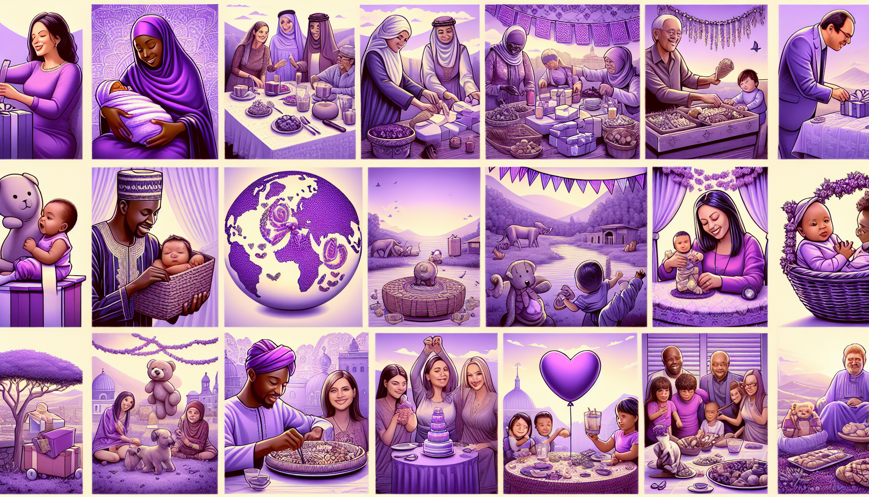 This image is a collage of various scenes in purple hues showing people of different ages and cultures engaged in activities such as cooking, eating, playing, and celebrating together. It includes images of families, children, adults, and elderly individuals, as well as symbols of global unity and love.