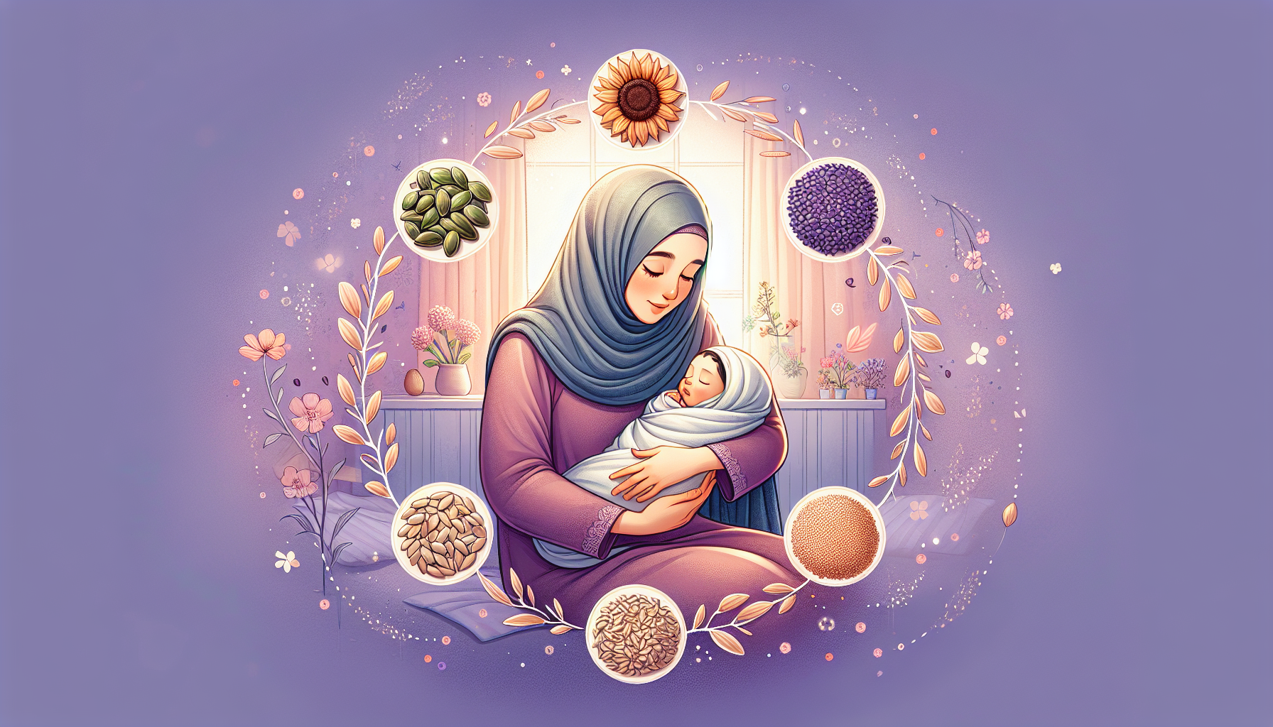 Illustration of a woman in a hijab cradling a baby, surrounded by a circle of plants and flowers with a warm color palette.