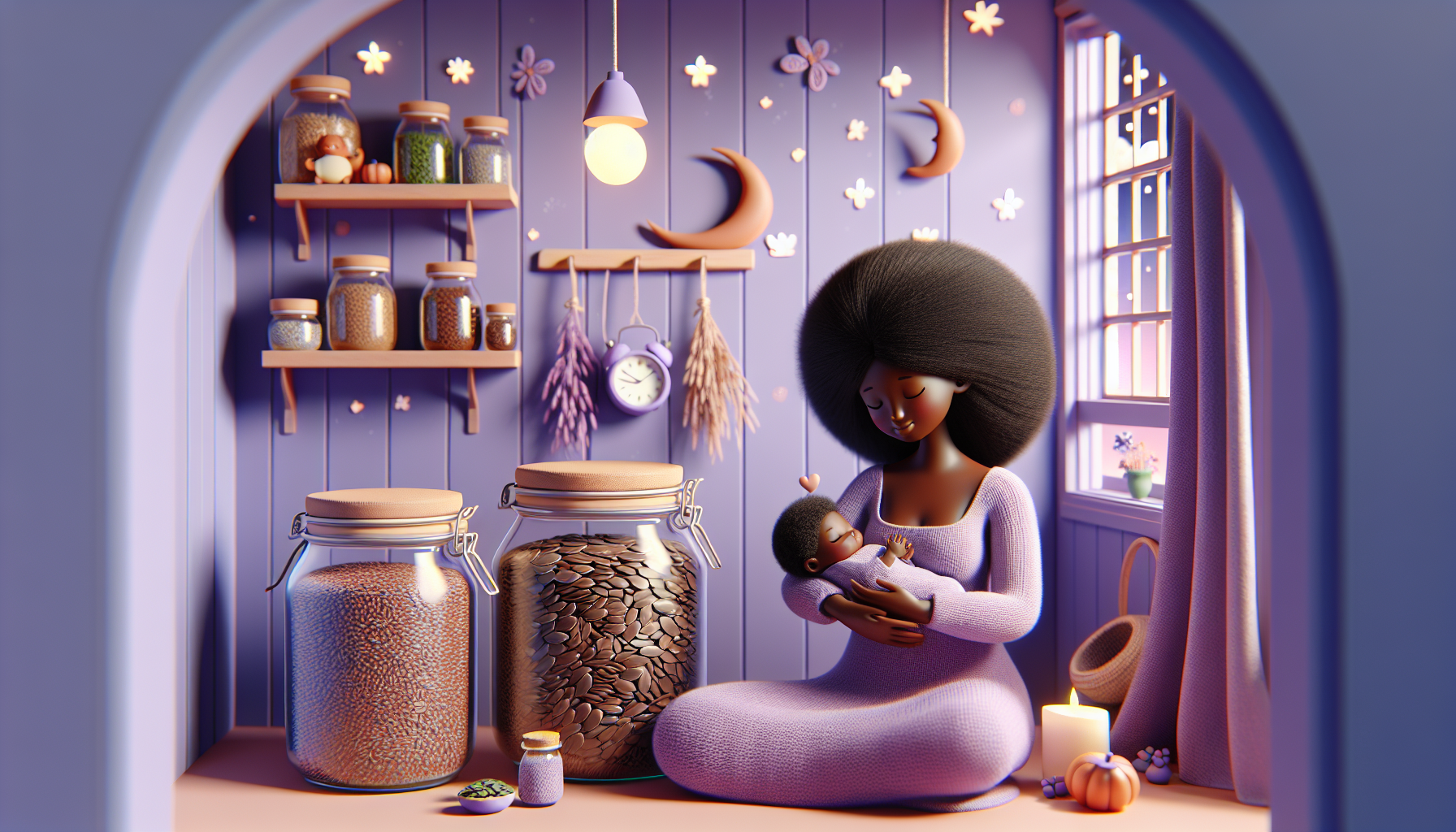 Illustration of a woman holding a baby in a cozy, whimsical room with shelves of jars, hanging stars and moons, and a window showing a night sky.