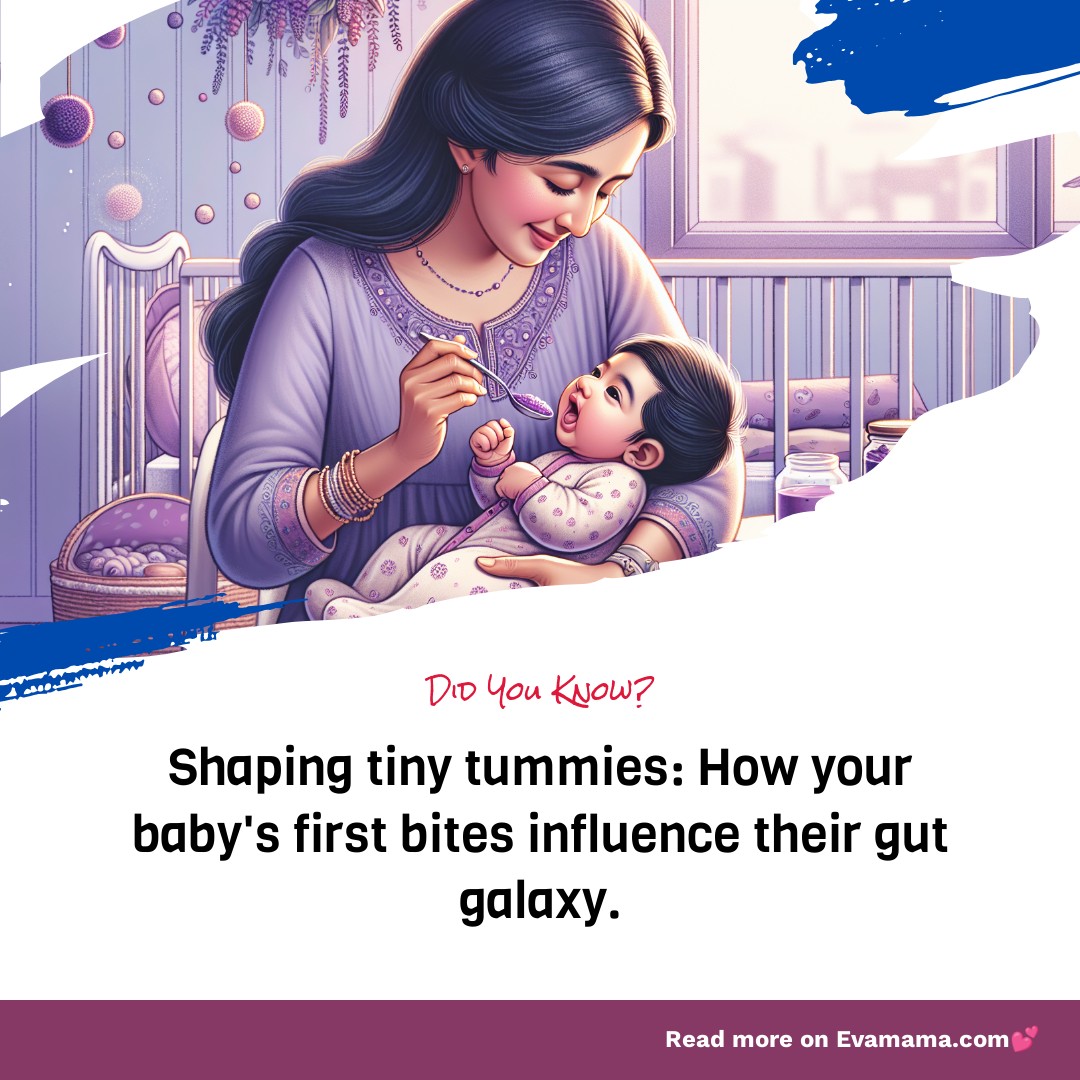 Illustration of a smiling woman feeding a baby with a spoon, with text about the impact of a baby's first bites on their gut health.