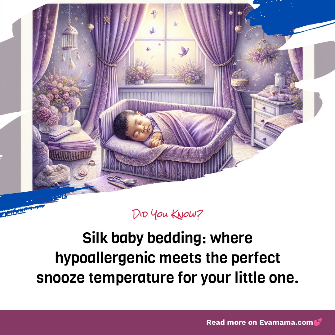 An illustration of a baby sleeping in a purple silk crib with floral decorations and text about the benefits of silk baby bedding.