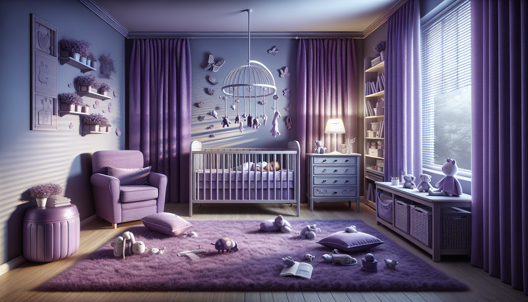 A cozy nursery room with purple theme, featuring a crib, armchair, bookshelf, and toys on a plush rug.