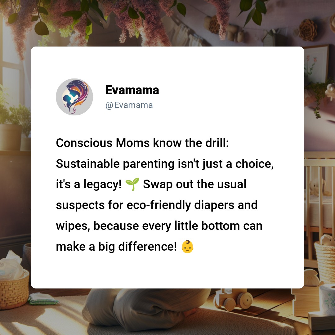 A social media post by Evamama promoting eco-friendly diaper swaps, with text overlay on a cozy home background.