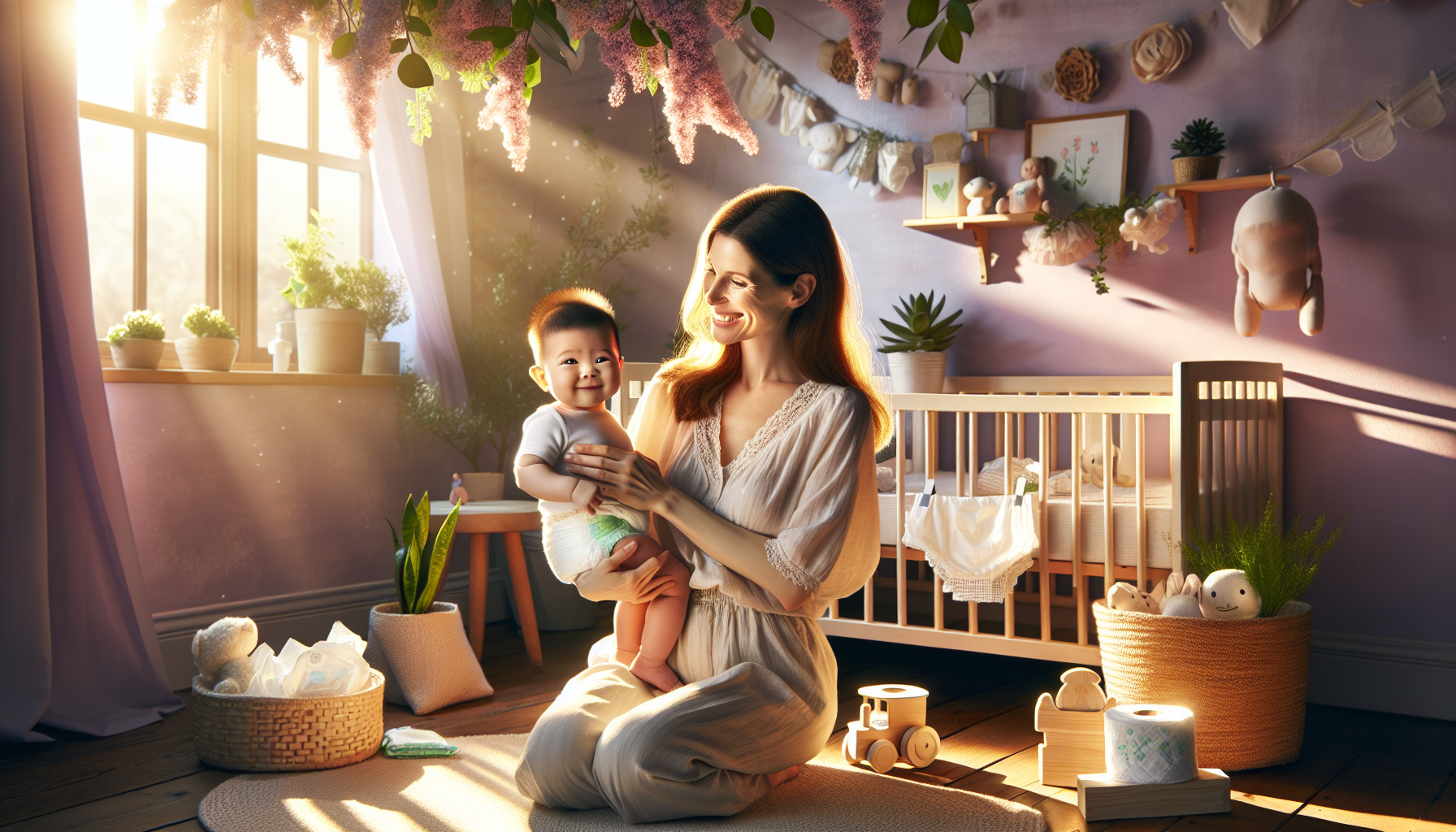 A smiling woman holding a baby in a cozy nursery room with soft lighting and plants.