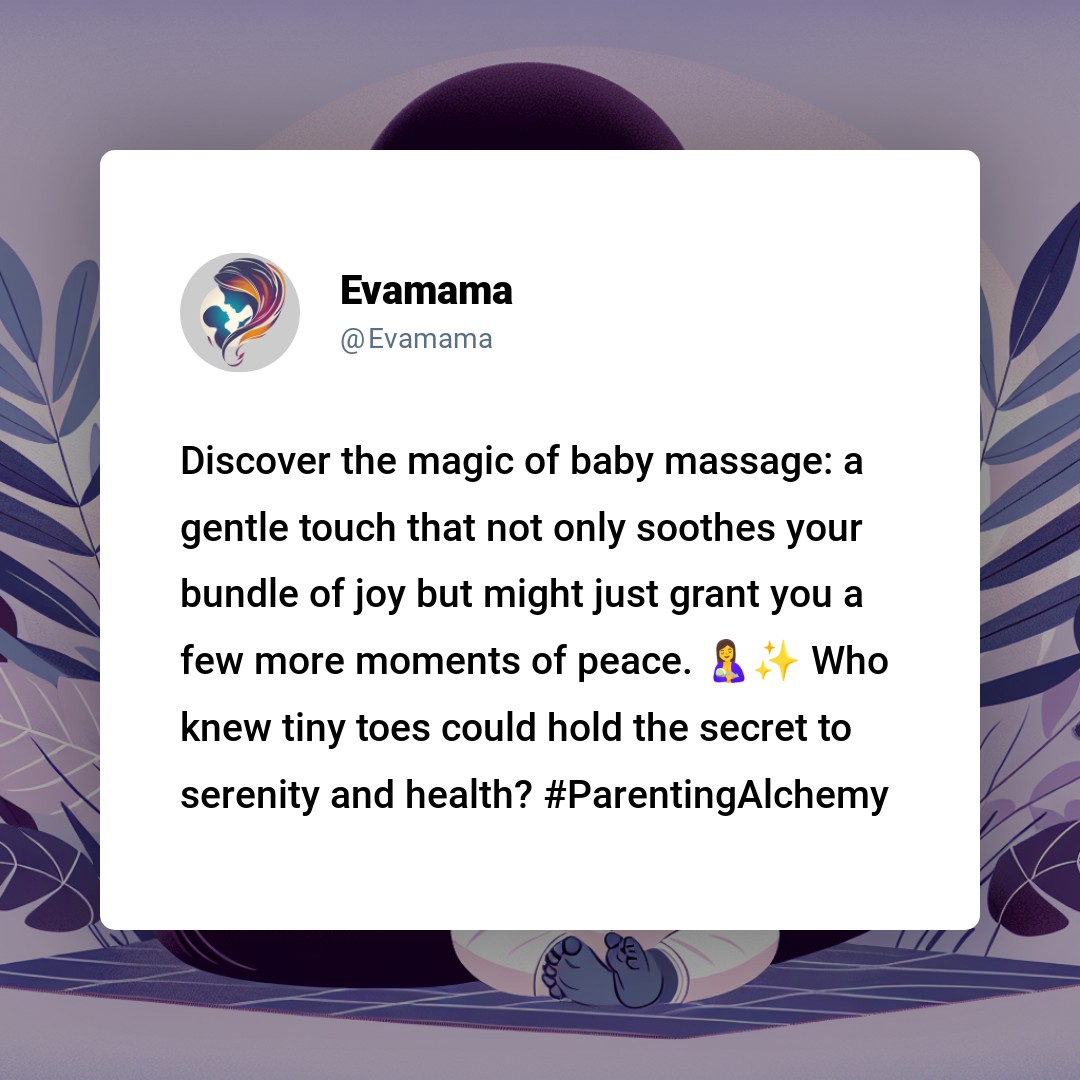 The image shows a social media post from a user named "Evamama" with text discussing the benefits of baby massage, suggesting it grants serenity and health. The post includes emojis of a baby and a sparkling star, and the hashtag "#ParentingAlchemy." The background features abstract purple designs and a central purple sphere.