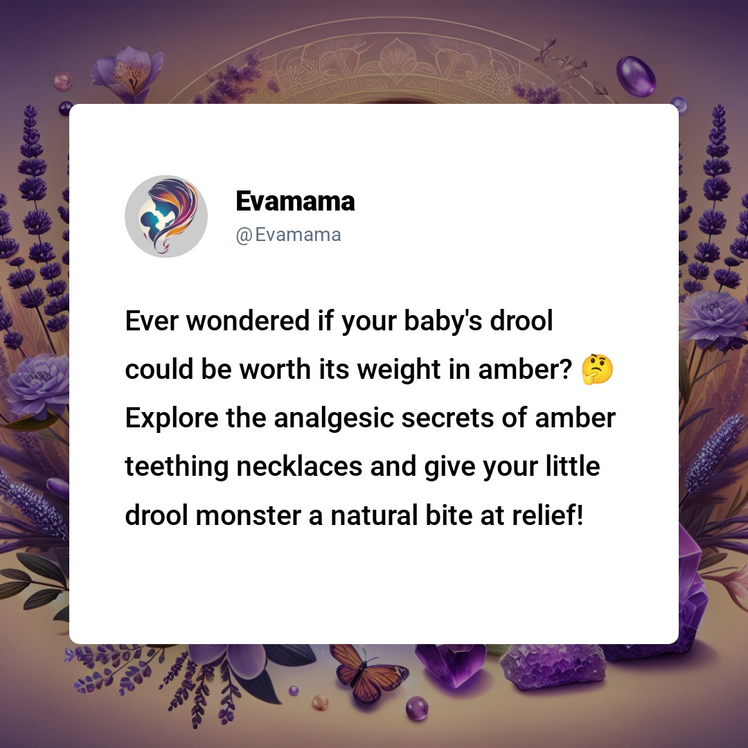 A decorative social media post with text suggesting the benefits of amber teething necklaces for babies, against a purple background with floral motifs.