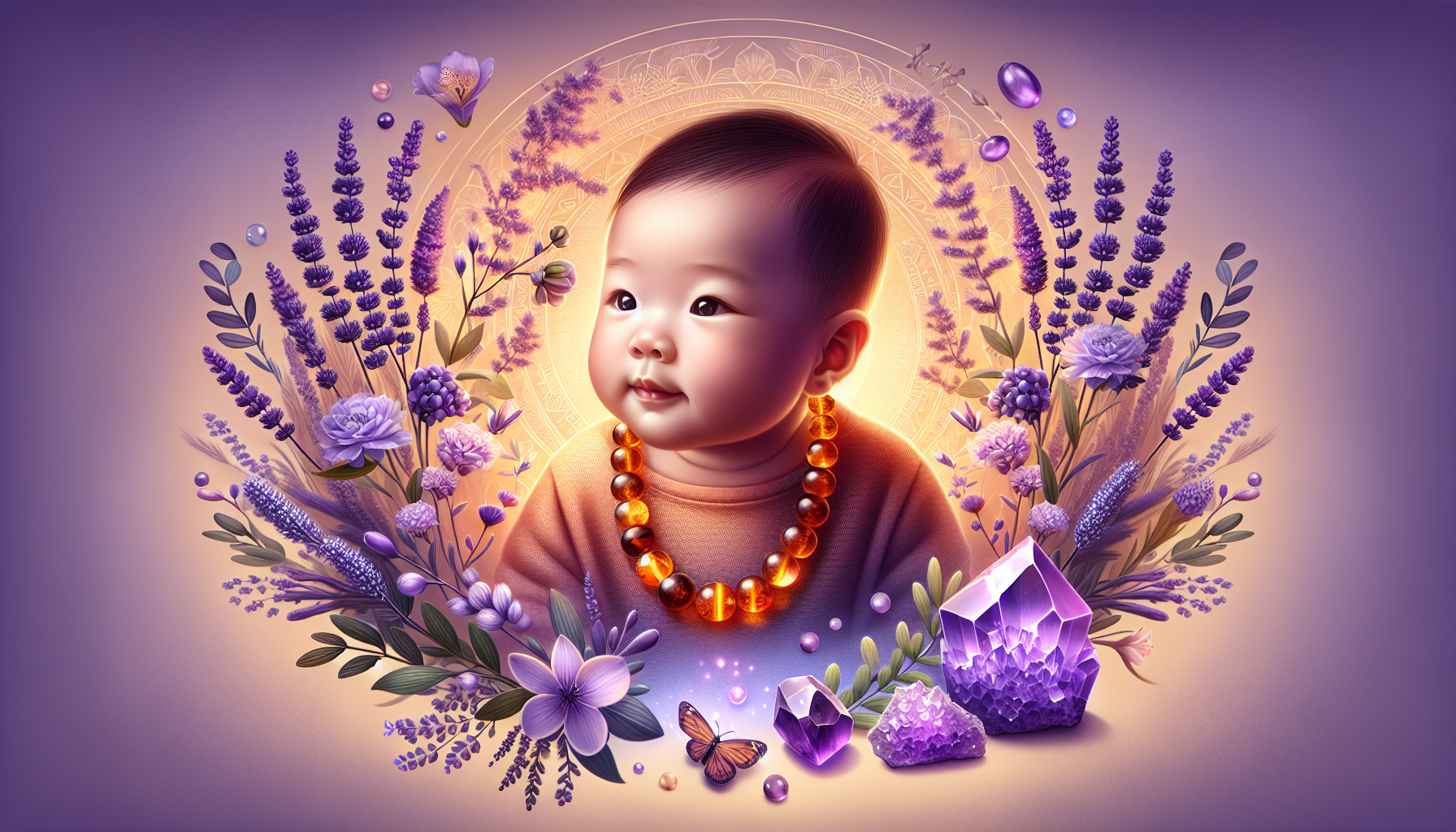 Digital artwork of a baby surrounded by a floral and crystal arrangement with a purple and gold color scheme.