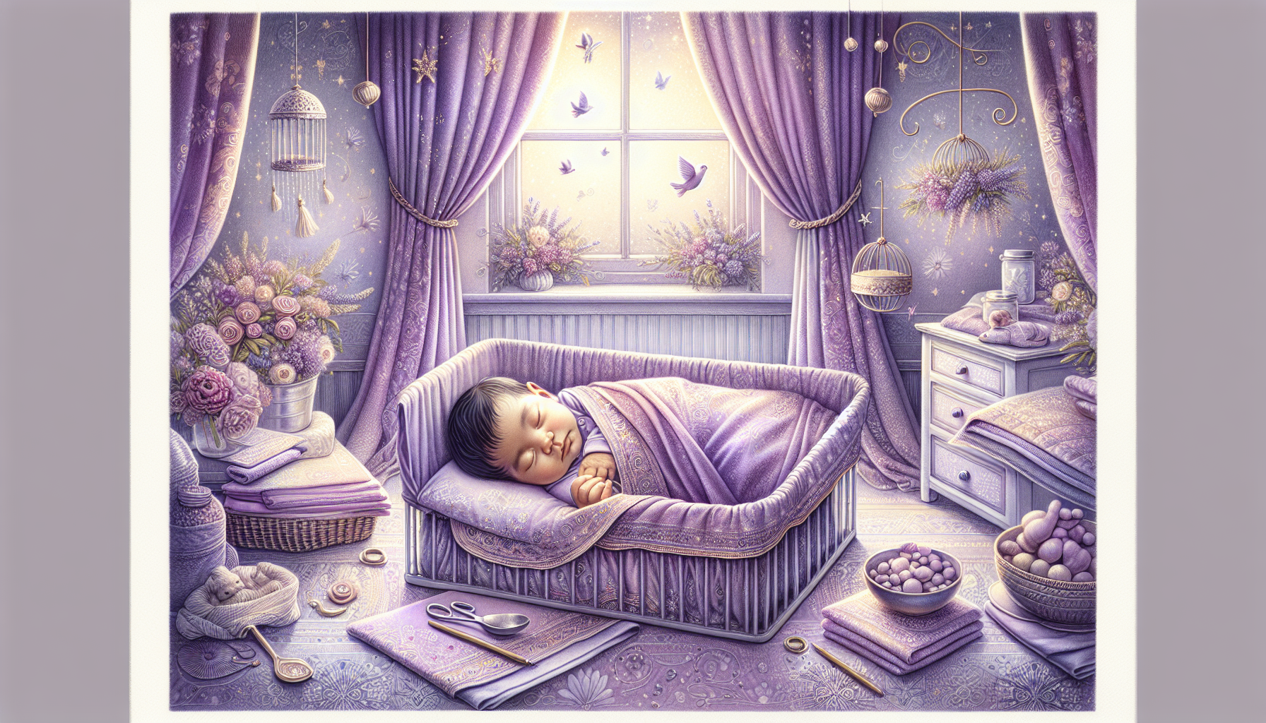 Illustration of a peaceful purple-themed nursery with a baby sleeping in a crib, surrounded by bird motifs, flowers, and whimsical decorations.