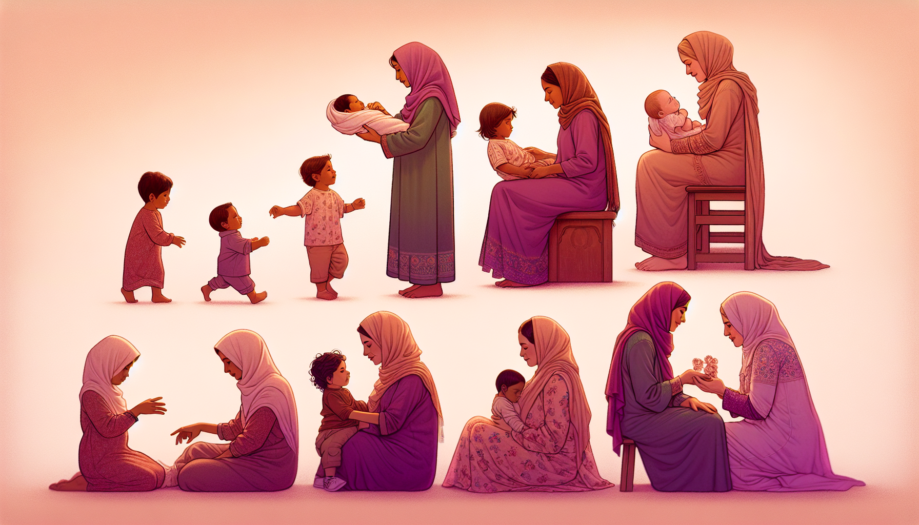 Illustration of mothers in hijabs caring for their children, showing various activities like holding, feeding, and playing.