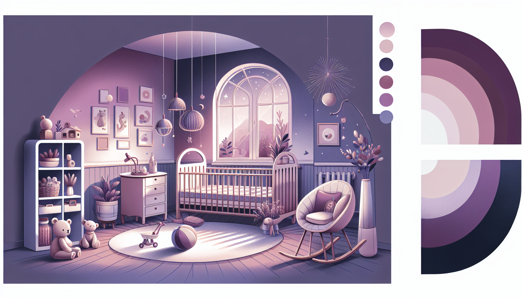 Illustration of a cozy, stylized nursery room with a crib, rocking chair, toys, and decor in a purple and pink color scheme.