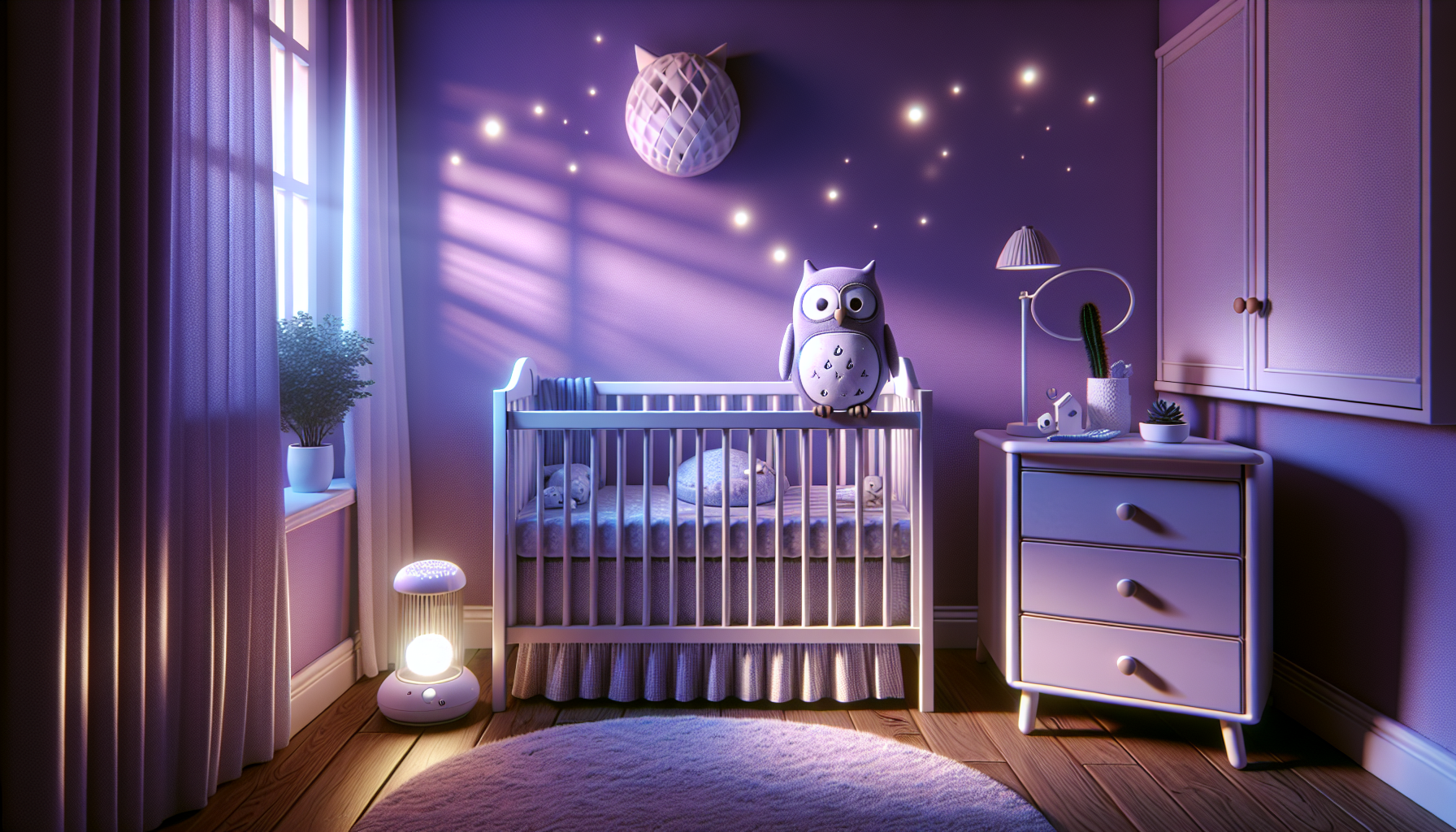 A cozy nursery room at night with a crib, an owl-shaped clock, a dresser, and a starry light projection on the wall.