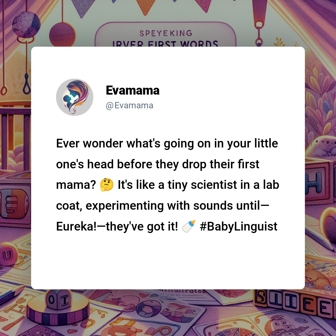 The image shows a social media post from a user named Evamama, discussing the wonders of a baby's first words and likening it to a tiny scientist's discovery in a lab. The background features colorful, child-like illustrations of scientific items and alphabet letters.