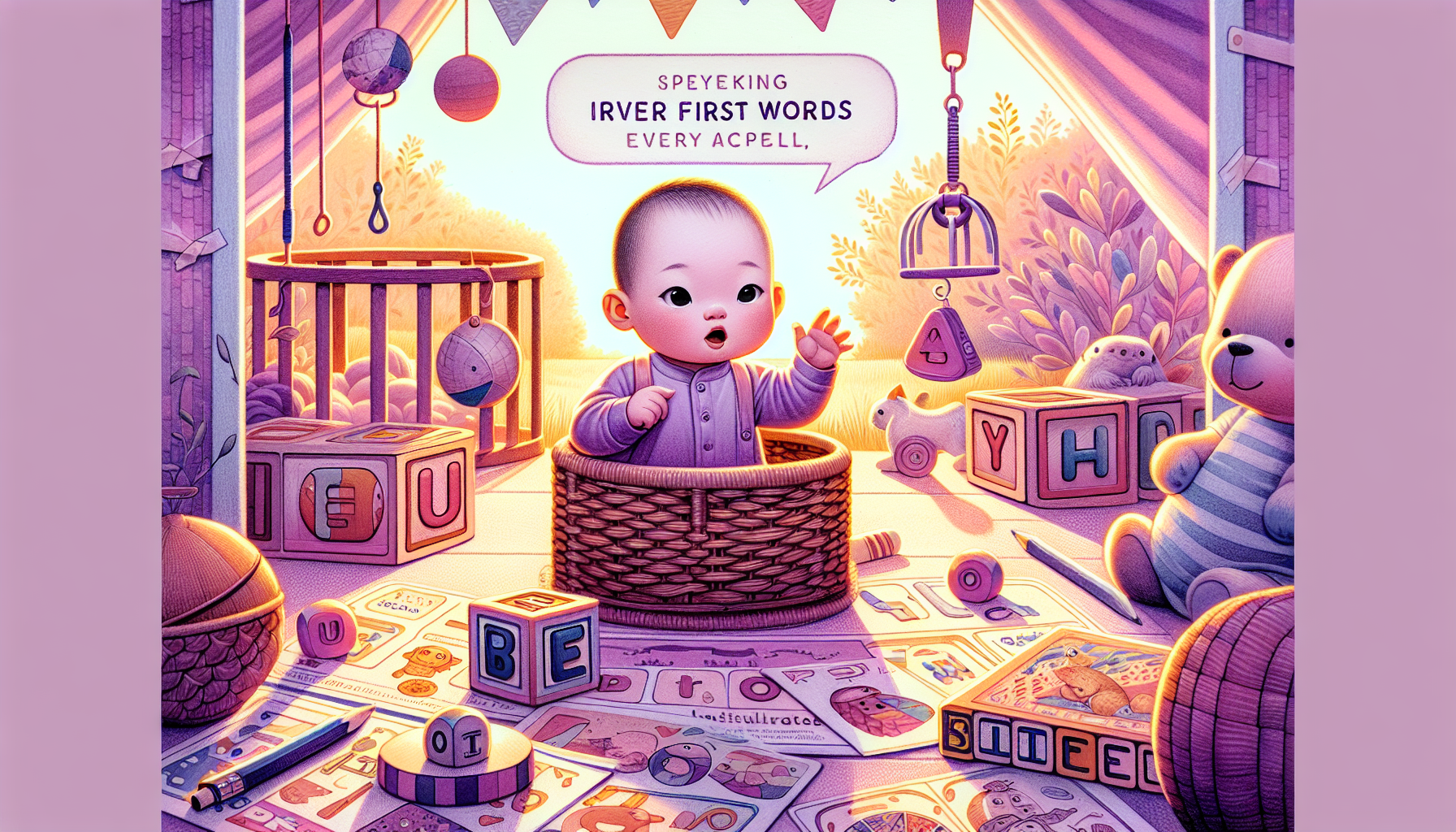 Illustration of a baby sitting in a basket surrounded by toys and alphabet blocks, with the text "Speyeking Iver First Words Every Apcell" above.