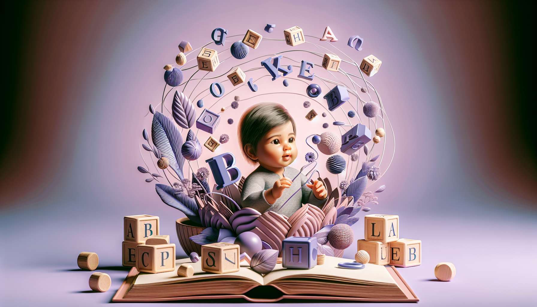 Illustration of an infant surrounded by floating letters, open book, and decorative elements on a purple background.