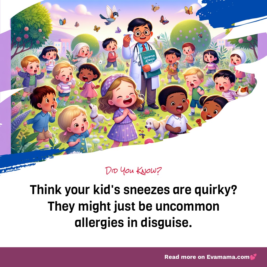 Illustration of diverse children playing in a park with a teacher, surrounded by flowers and butterflies, with text suggesting children's sneezes may be allergies.