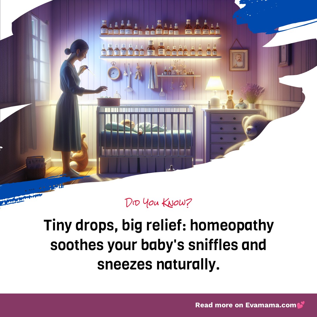 An illustration of a woman preparing a homeopathic remedy in a cozy, purple-hued room while a baby rests in a crib. Text overlay promotes homeopathy for babies' sniffles and sneezes.