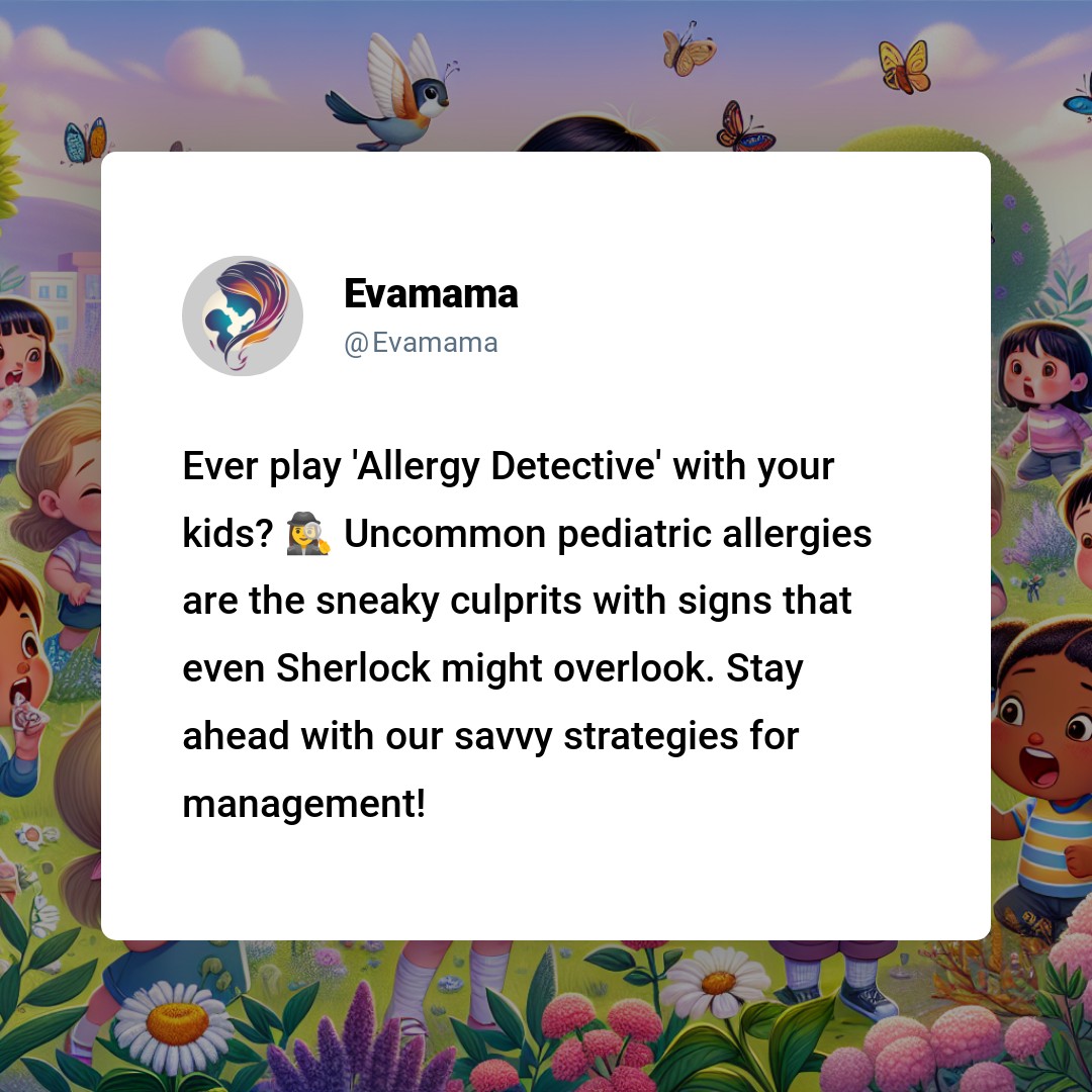 Illustration of colorful cartoon garden with various animals and children, accompanying a social media post about playing 'Allergy Detective' with kids.